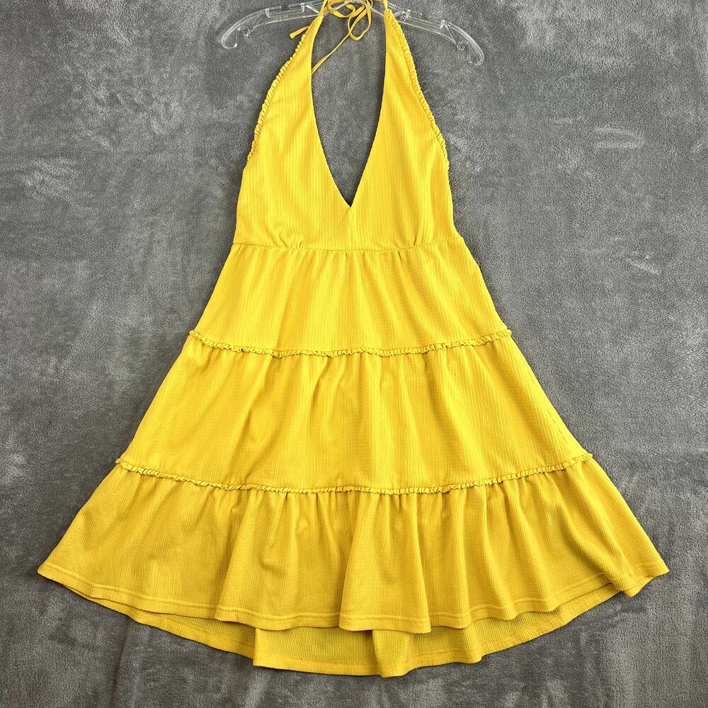 Betsey Johnson Tiered Trapeze Crinkle-knit Mini Dress Women M Yellow Halter Boho